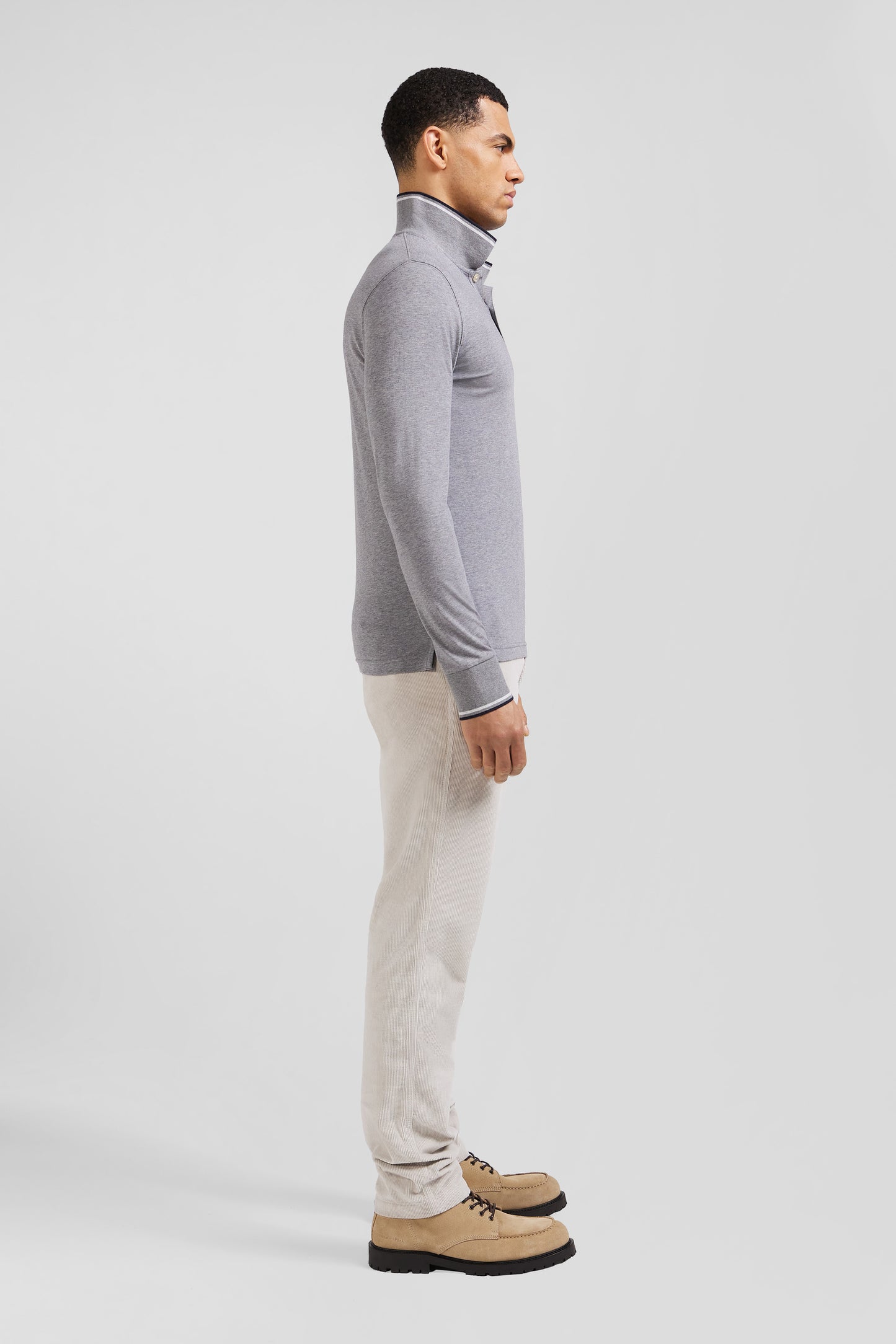 Slim grey long-sleeved stretch cotton polo shirt with striped finishes