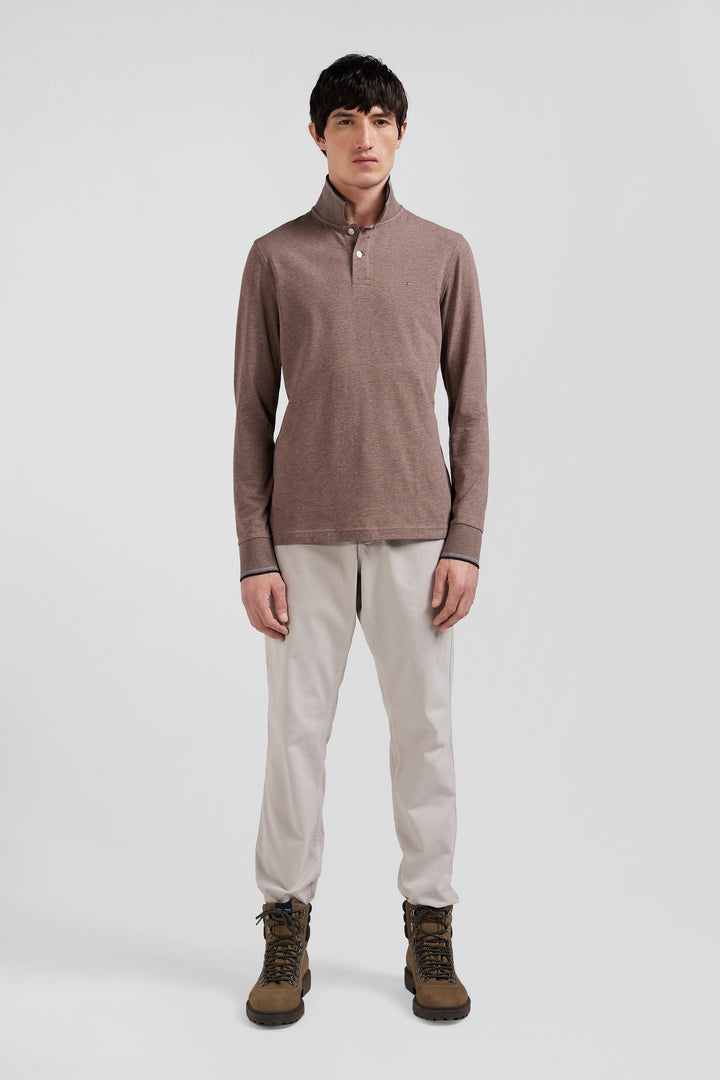 Polo manches longues marron en coton stretch finitions rayées