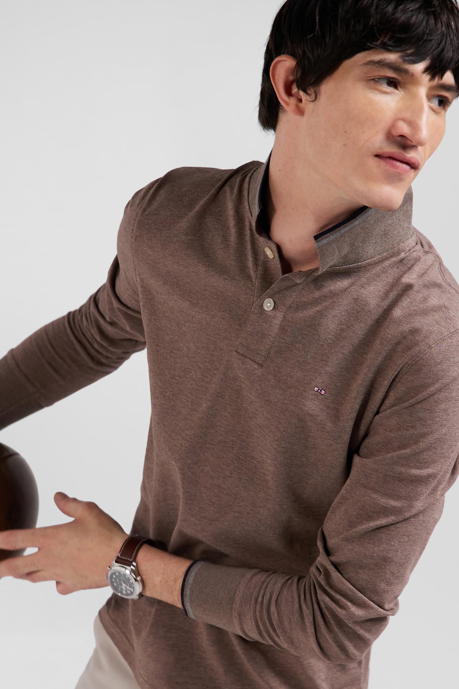 Slim brown long-sleeved stretch cotton polo shirt with striped finishes