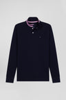 Regular navy long-sleeved cotton piqué polo shirt