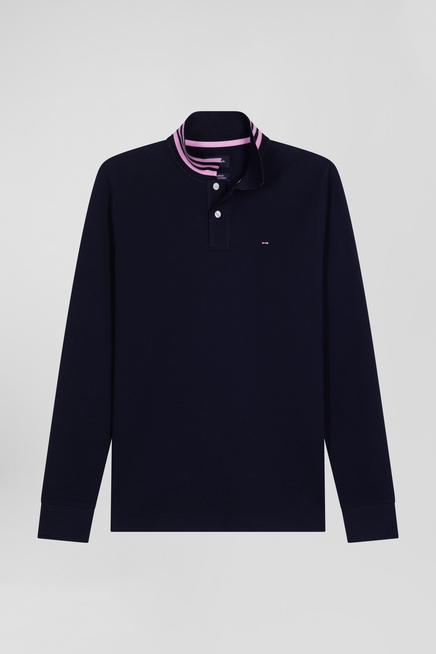 Regular navy long-sleeved cotton piqué polo shirt