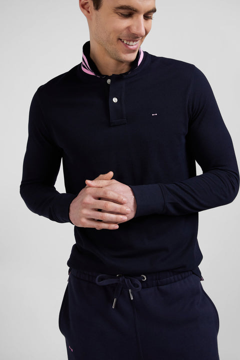 Regular navy long-sleeved cotton piqué polo shirt - Image 3