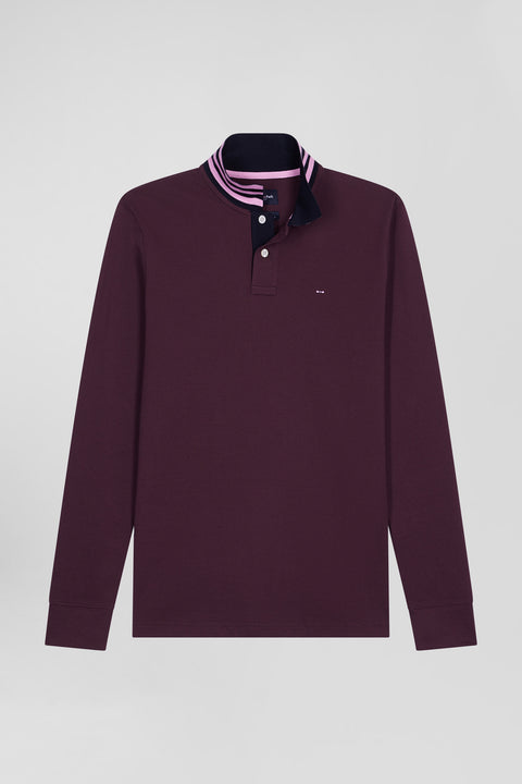 Regular burgundy long-sleeved cotton piqué polo shirt - Image 2