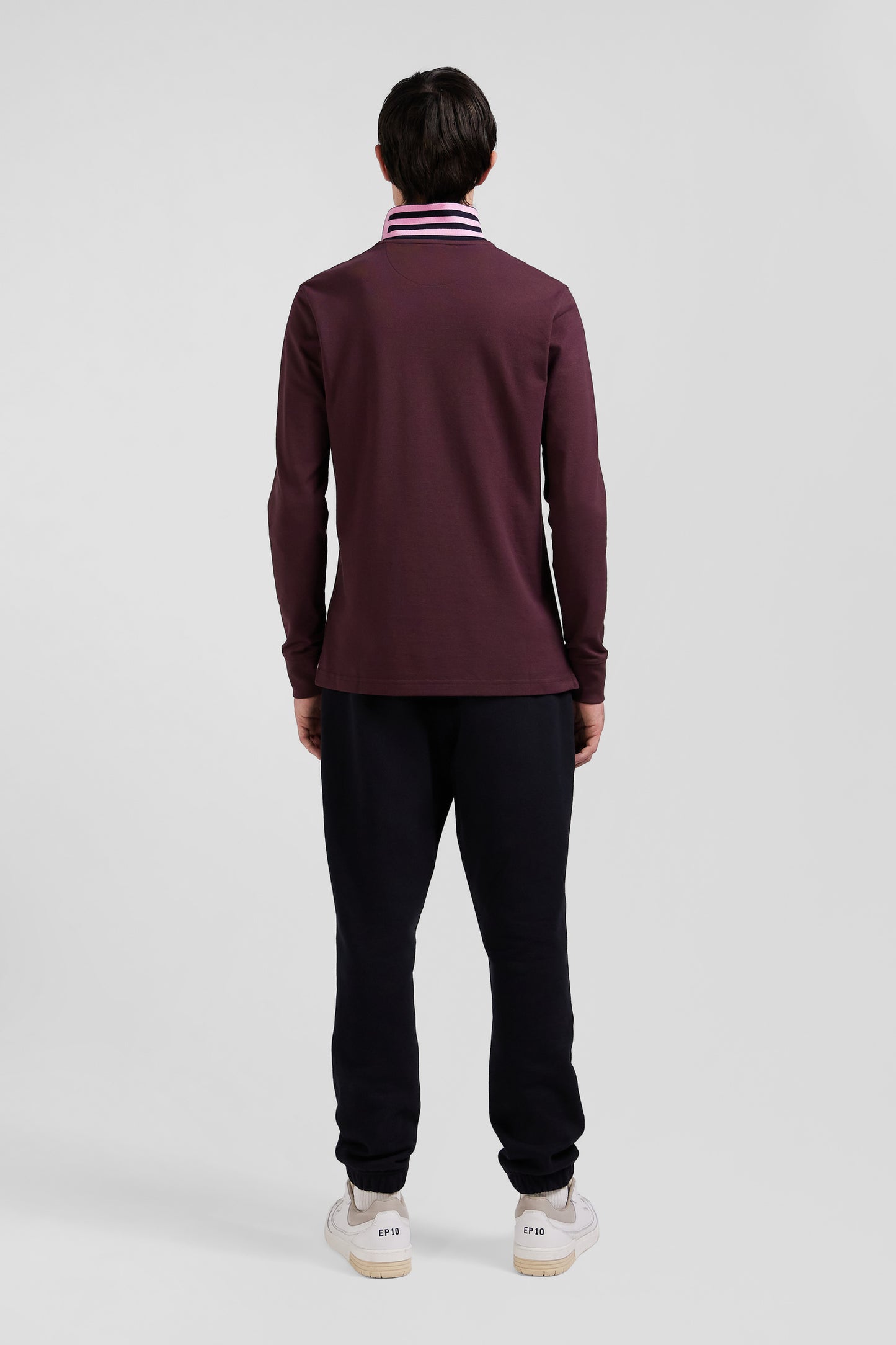 Regular burgundy long-sleeved cotton piqué polo shirt