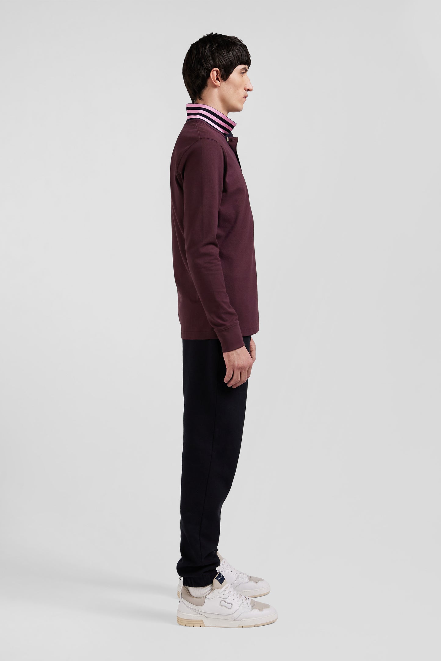 Regular burgundy long-sleeved cotton piqué polo shirt