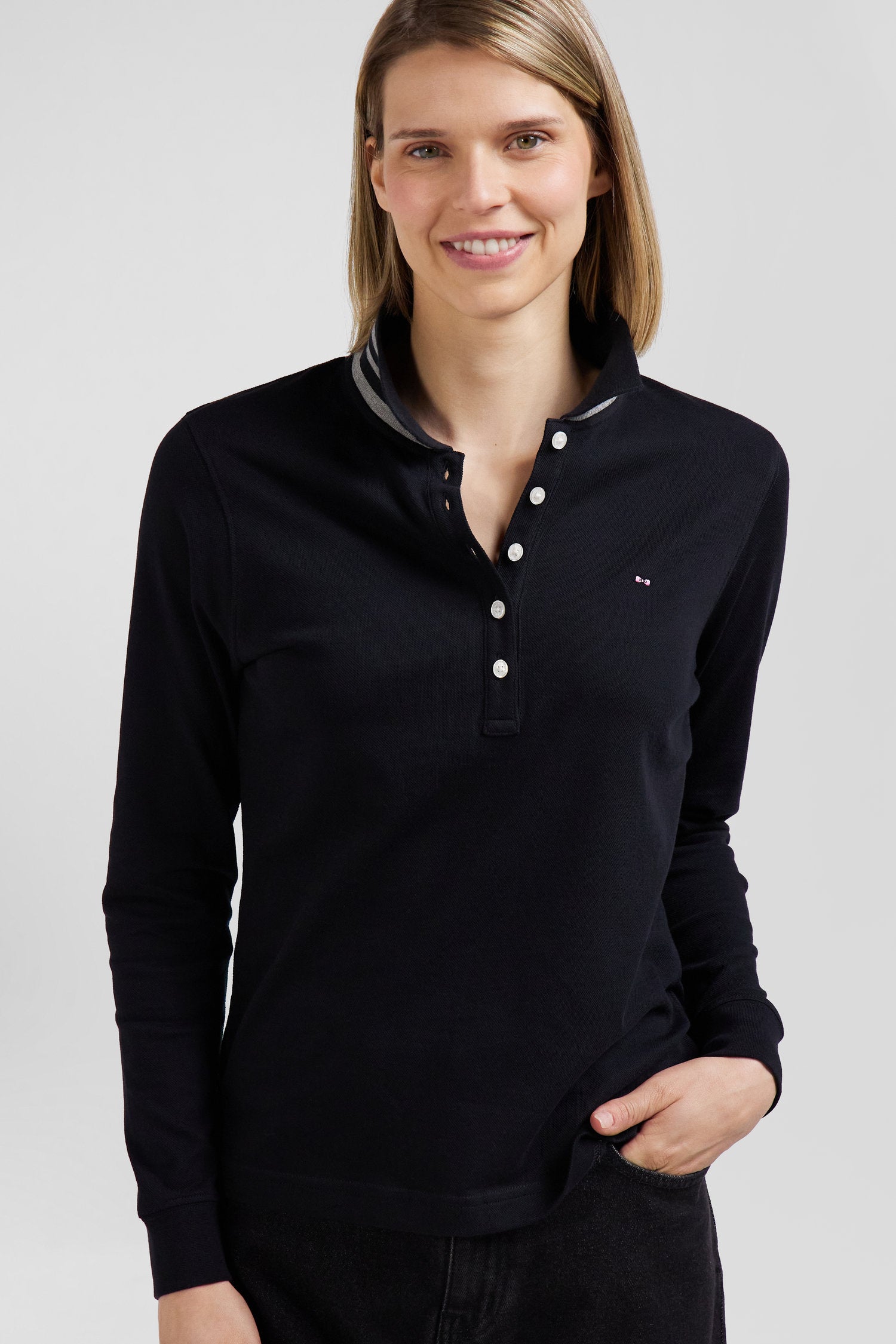 Polo manches longues en coton stretch col cerclé noir coupe Slim