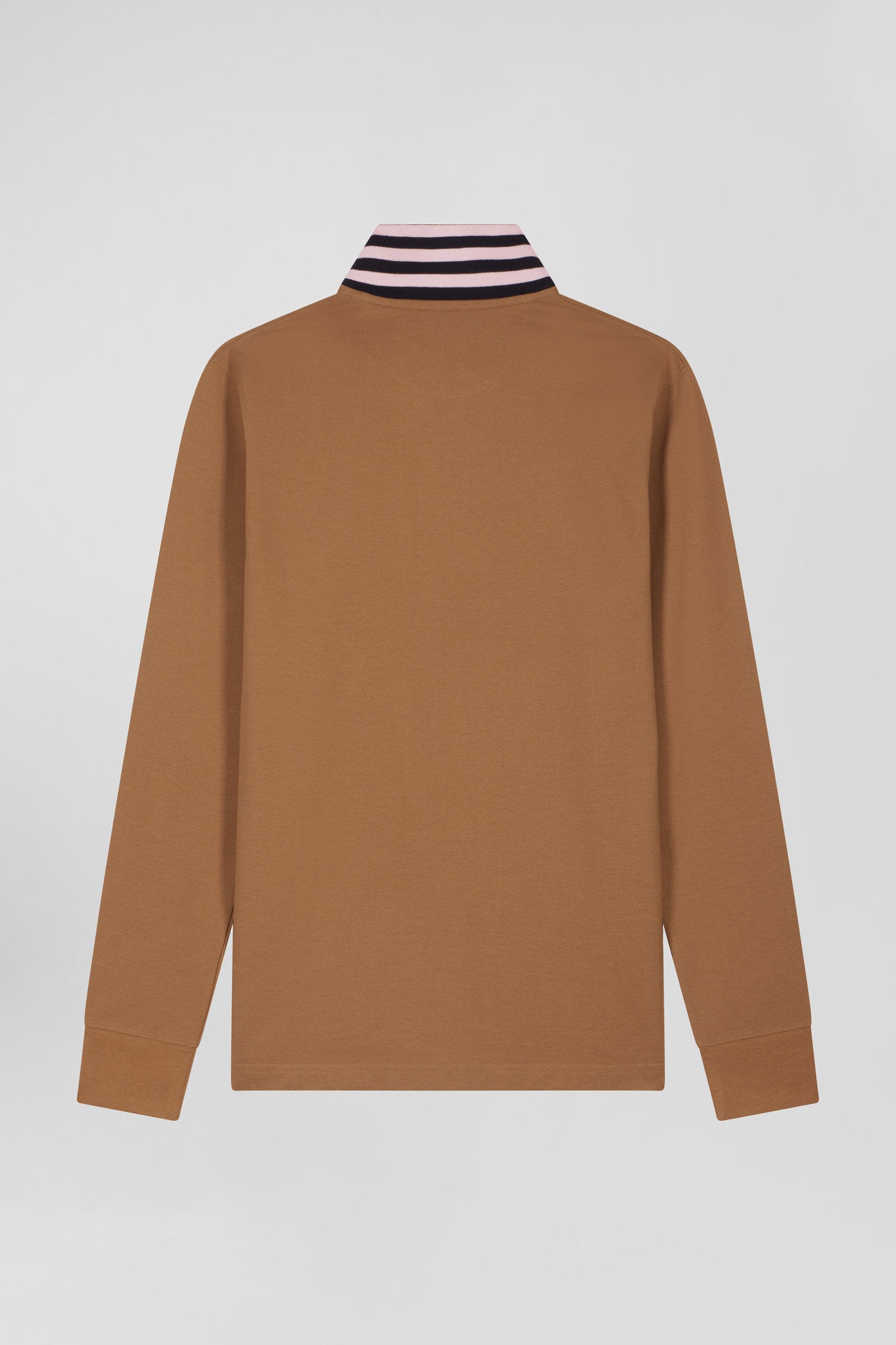 Regular camel long-sleeved cotton piqué polo shirt with striped collar