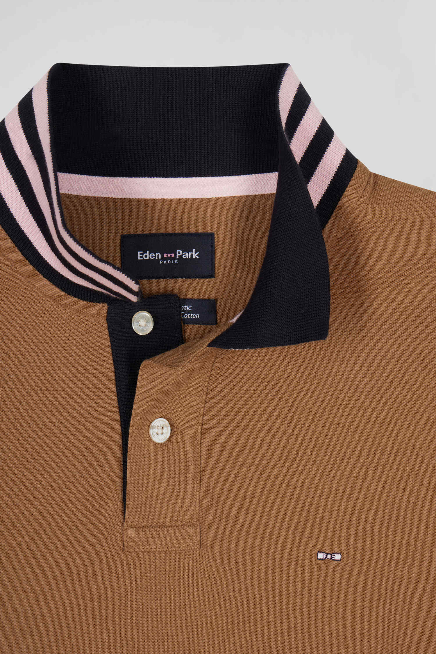 Regular camel long-sleeved cotton piqué polo shirt with striped collar