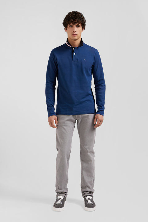 Regular dark blue long-sleeved cotton piqué polo shirt with striped collar - Image 1