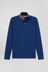 Regular dark blue long-sleeved cotton piqué polo shirt with striped collar