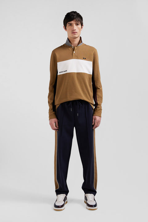 Long-sleeved colorblock polo shirt in hazelnut cotton piqué, regular fit - Image 1