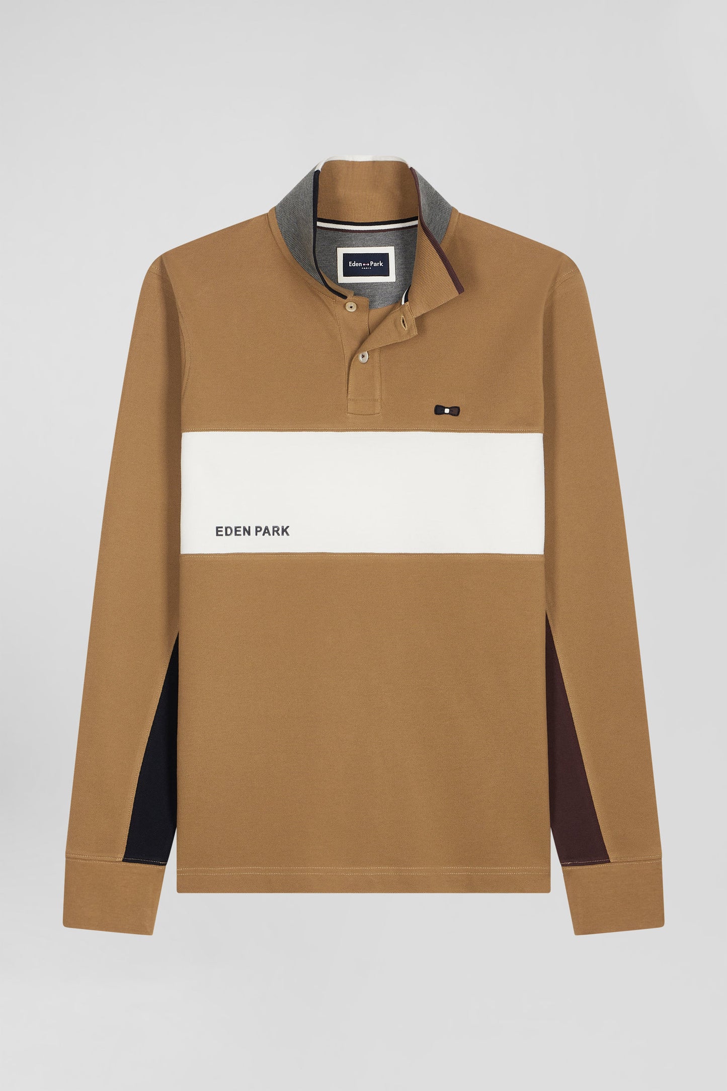 Long-sleeved colorblock polo shirt in hazelnut cotton piqué, regular fit