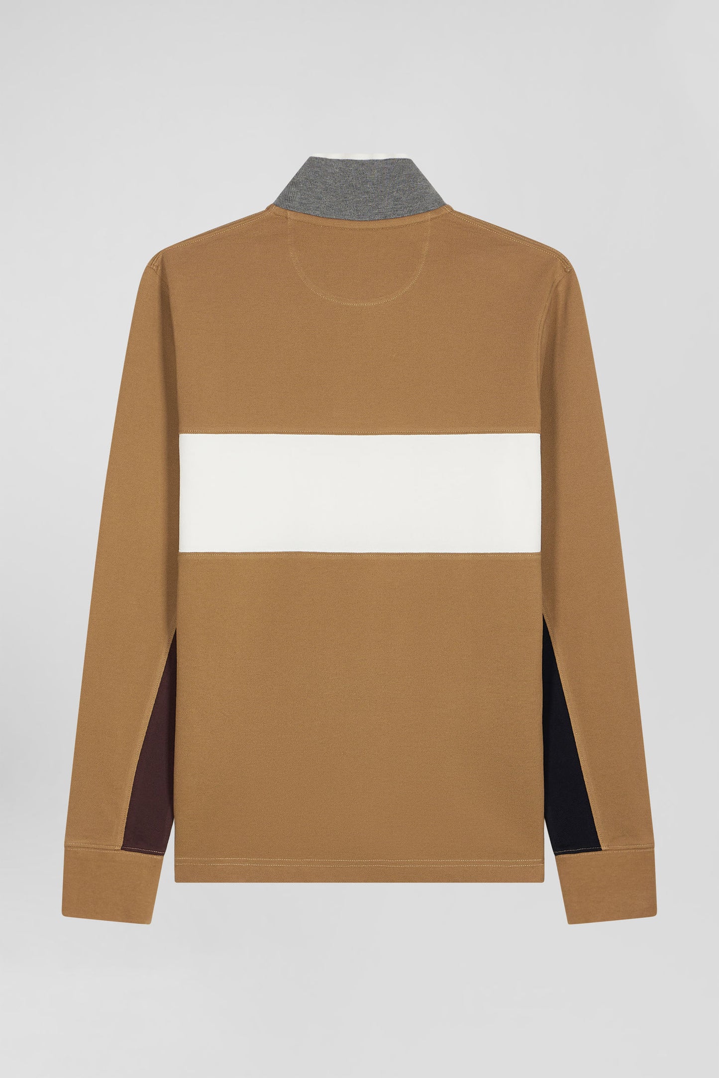 Long-sleeved colorblock polo shirt in hazelnut cotton piqué, regular fit