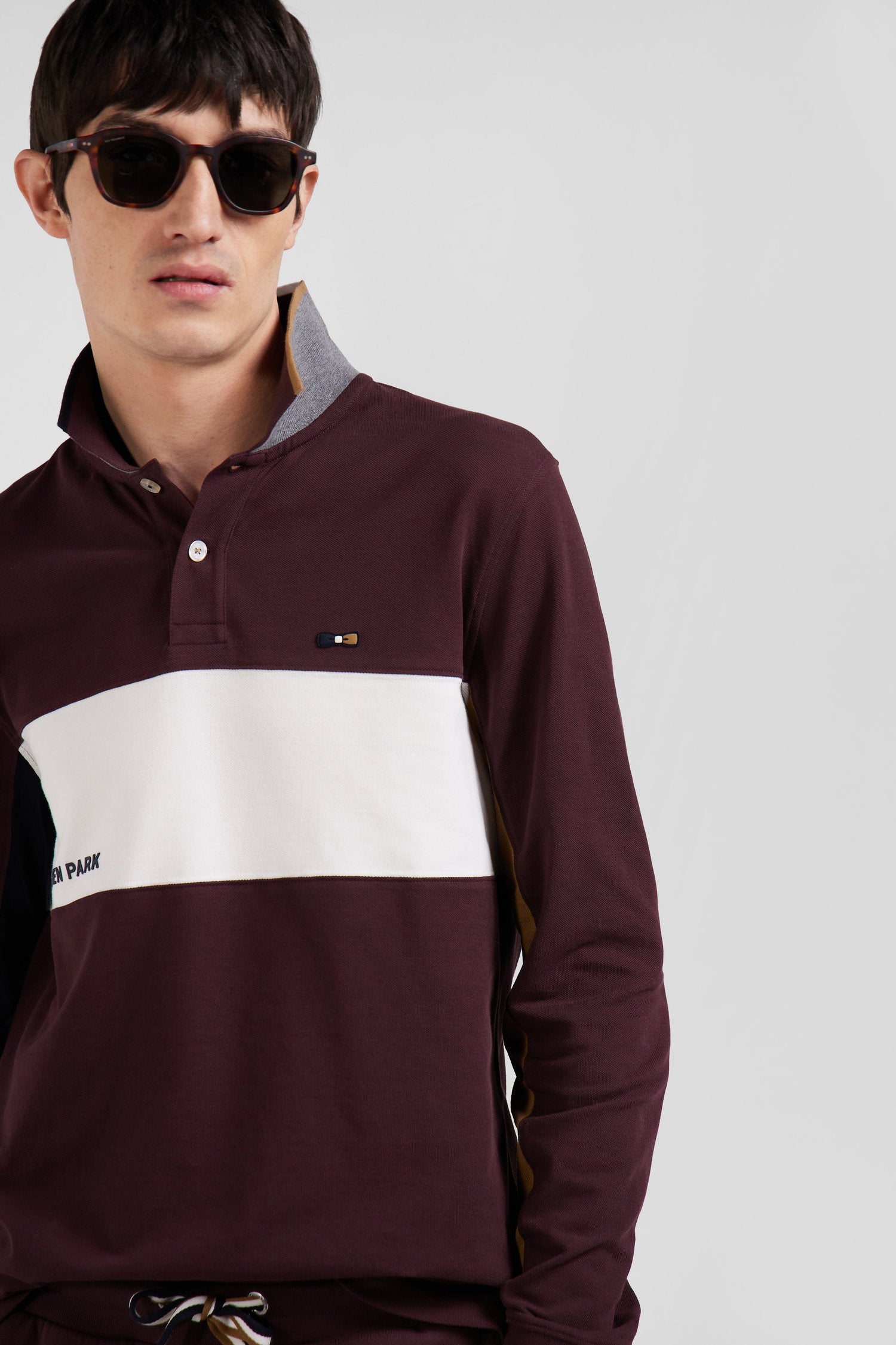 Regular burgundy colorblock long-sleeved cotton piqué polo shirt