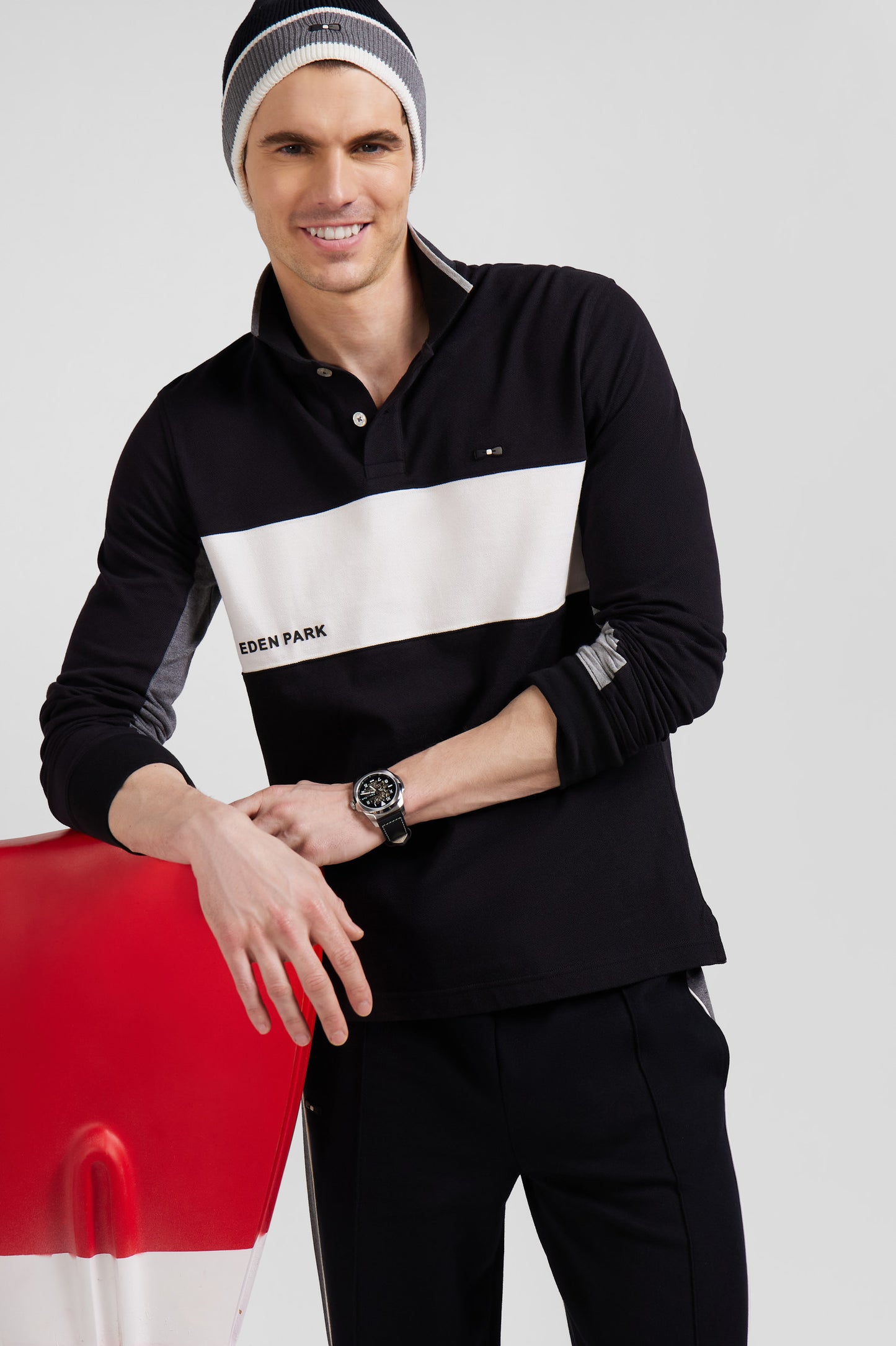 Regular black colorblock long-sleeved cotton piqué polo shirt