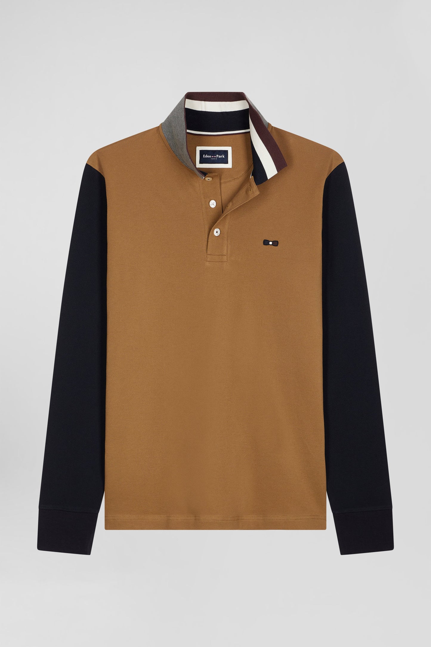 Long-sleeved polo shirt in two-tone cotton piqué with hazelnut jacquard collar Regular fit