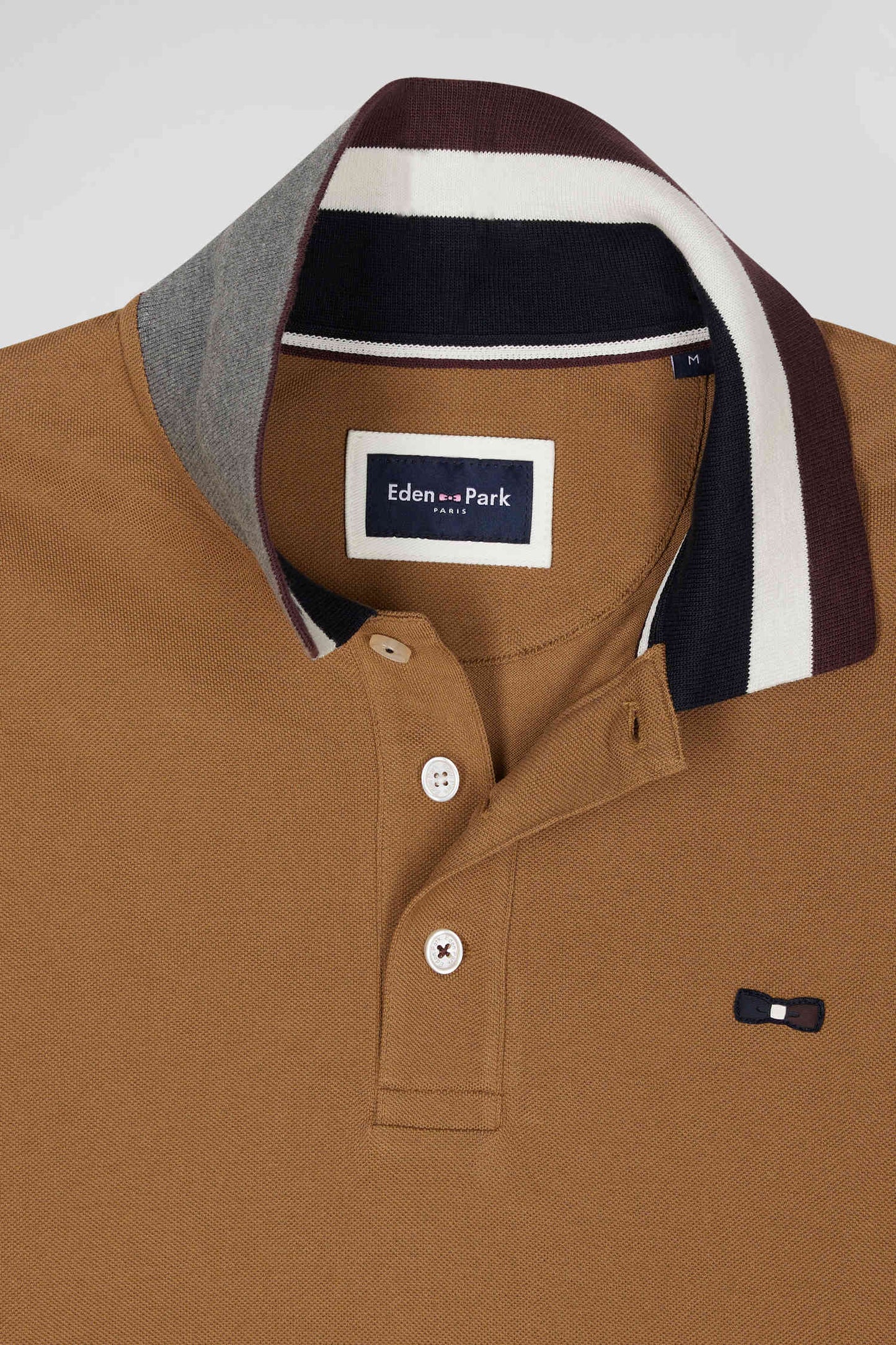 Regular camel bicolor long-sleeved cotton piqué polo shirt with jacquard collar