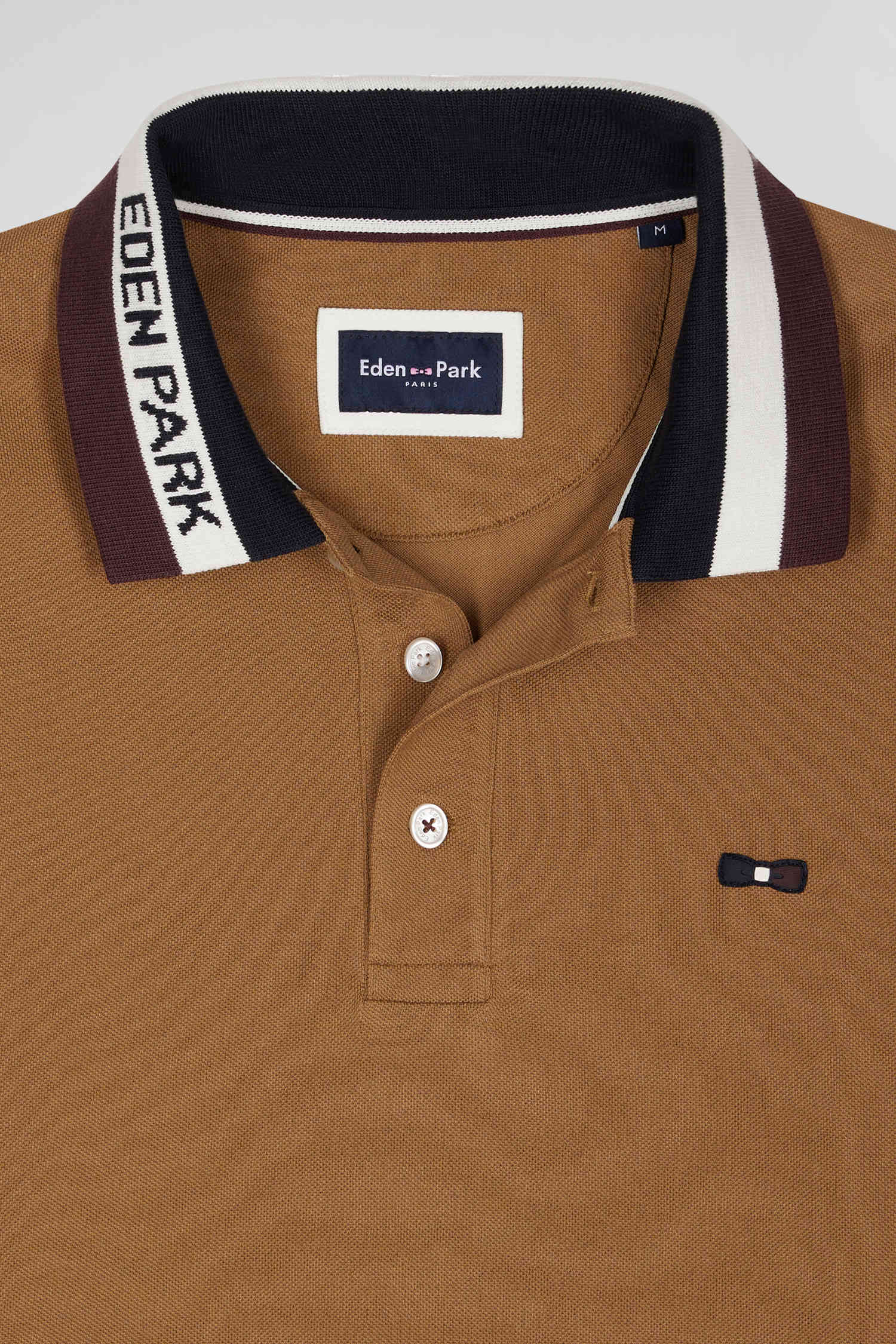 Regular camel bicolor long-sleeved cotton piqué polo shirt with jacquard collar