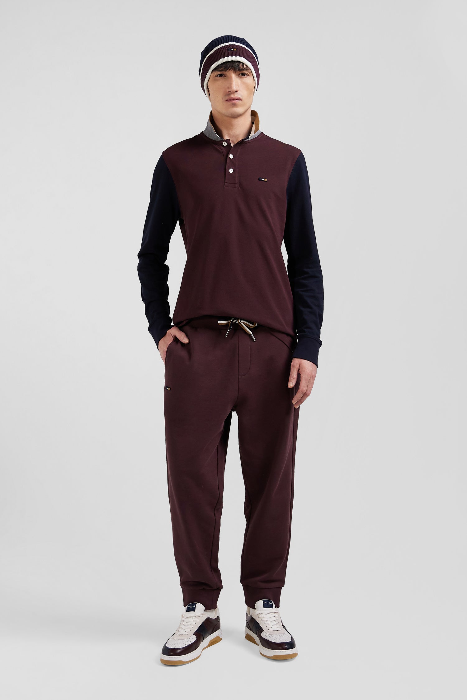 Regular burgundy bicolor long-sleeved cotton piqué polo shirt with jacquard collar