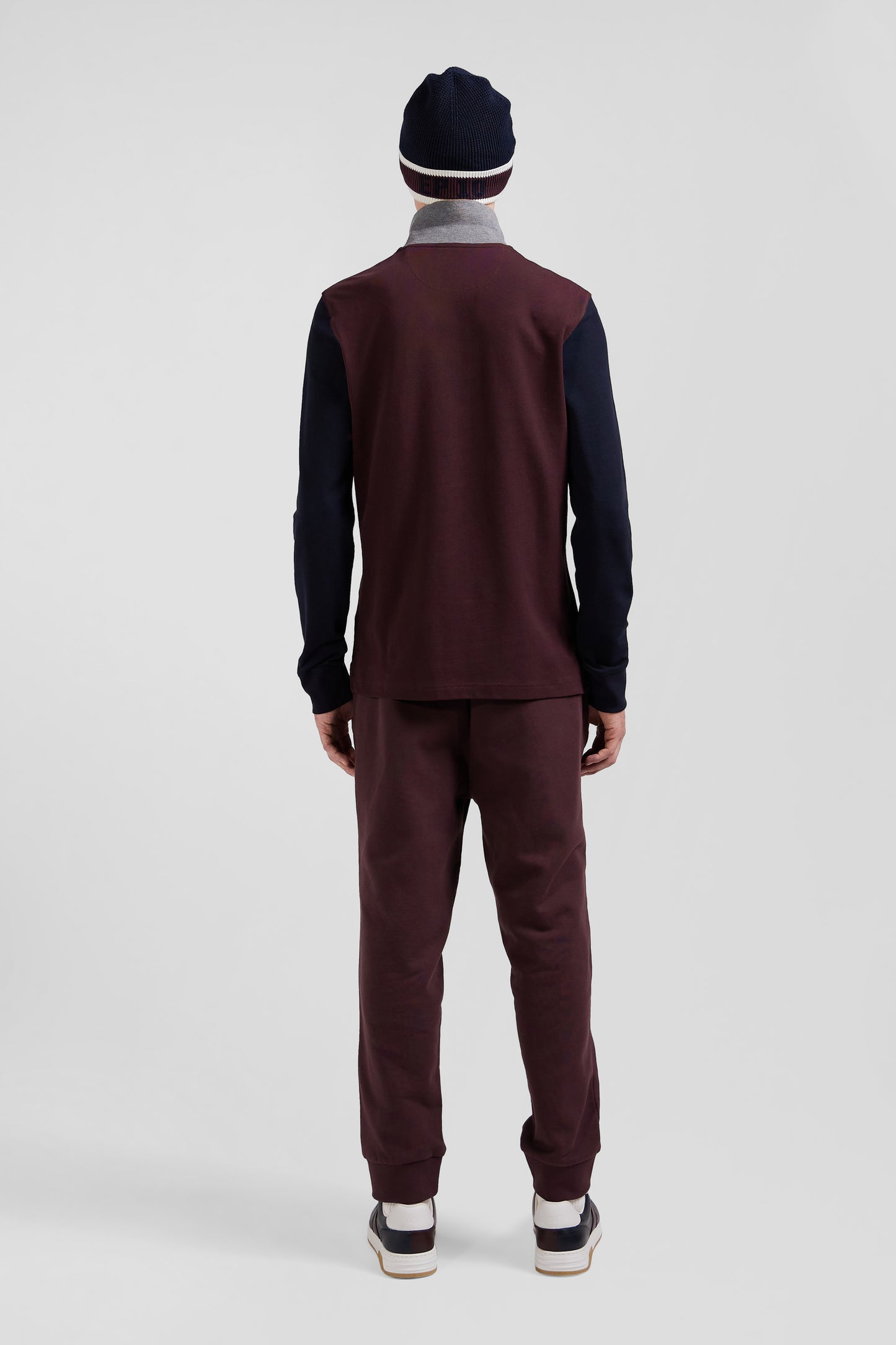 Regular burgundy bicolor long-sleeved cotton piqué polo shirt with jacquard collar