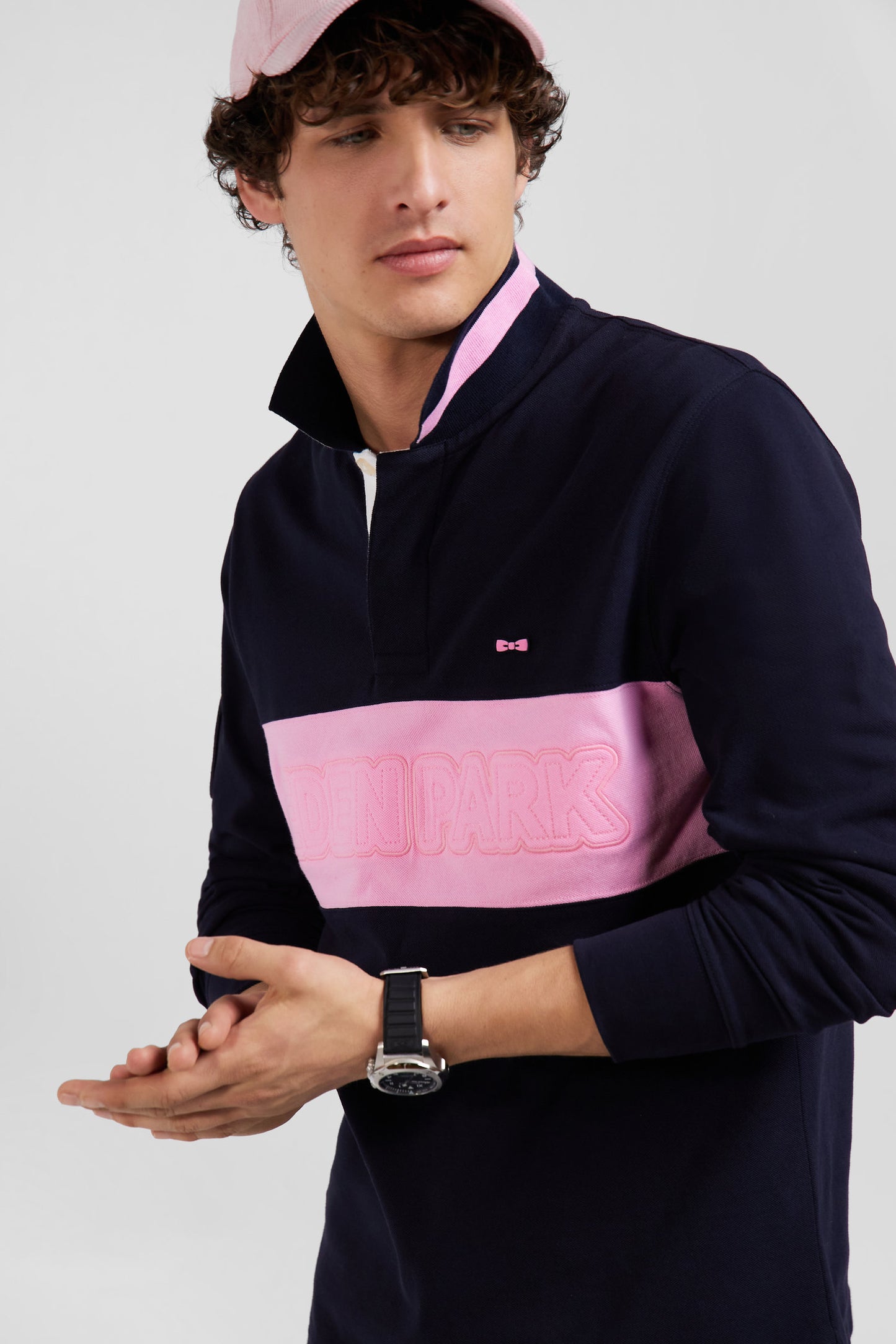 Regular navy blue long-sleeved cotton piqué polo shirt with padded embroidery