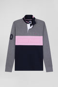 Regular grey long-sleeved cotton piqué polo shirt with padded embroidery