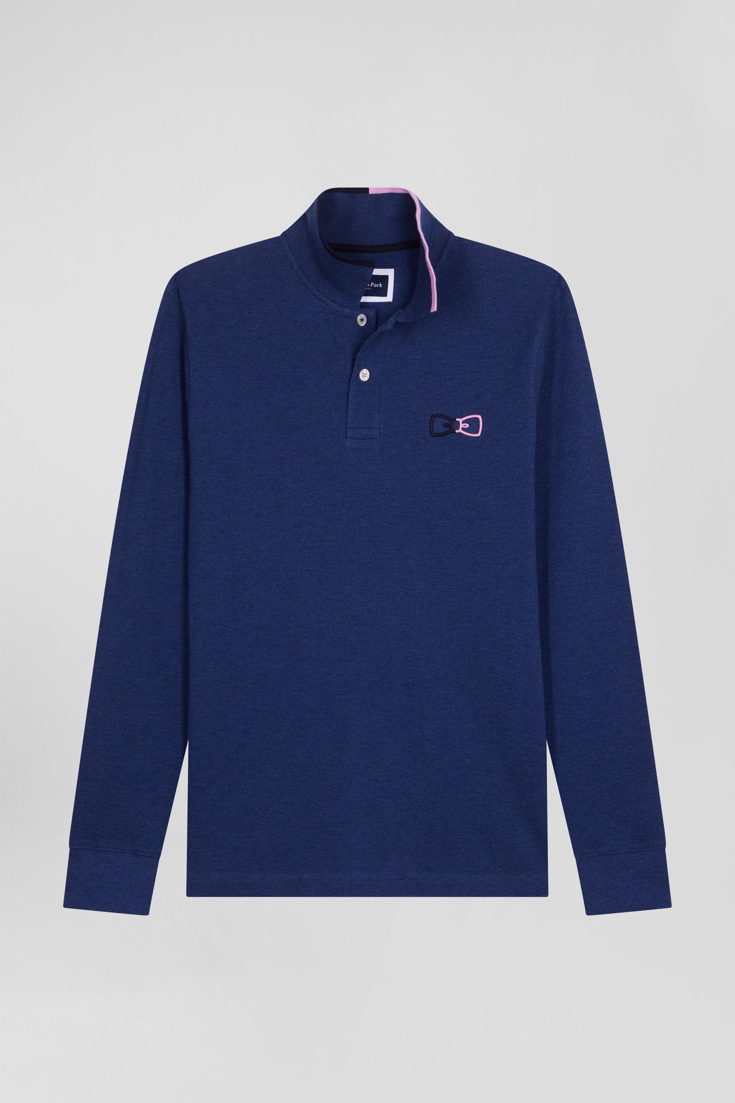 Regular navy blue long-sleeved cotton piqué polo shirt with pink details