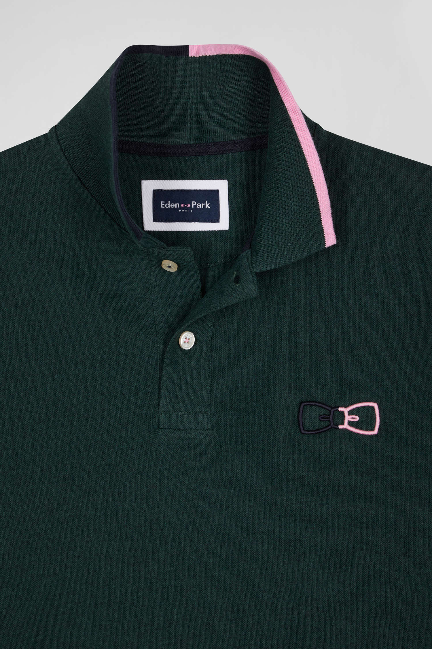 Regular green long-sleeved cotton piqué polo shirt with pink details