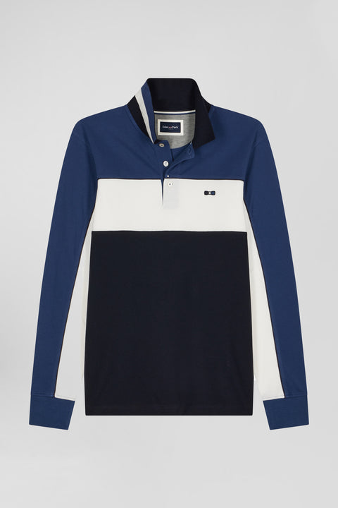 Regular blue tricolor long-sleeved cotton piqué polo shirt - Image 2