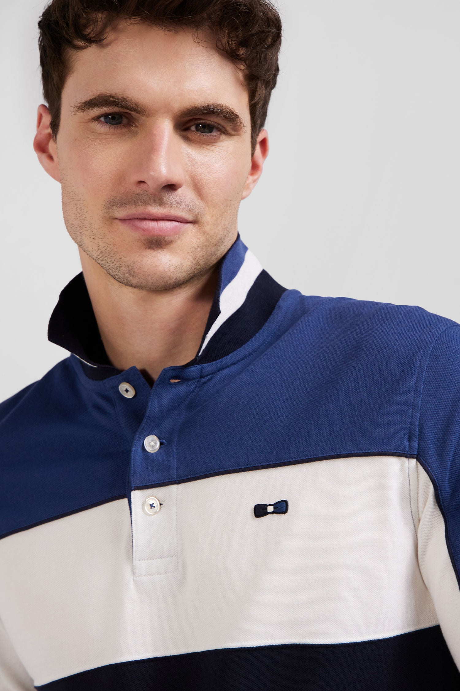 Regular blue tricolor long-sleeved cotton piqué polo shirt