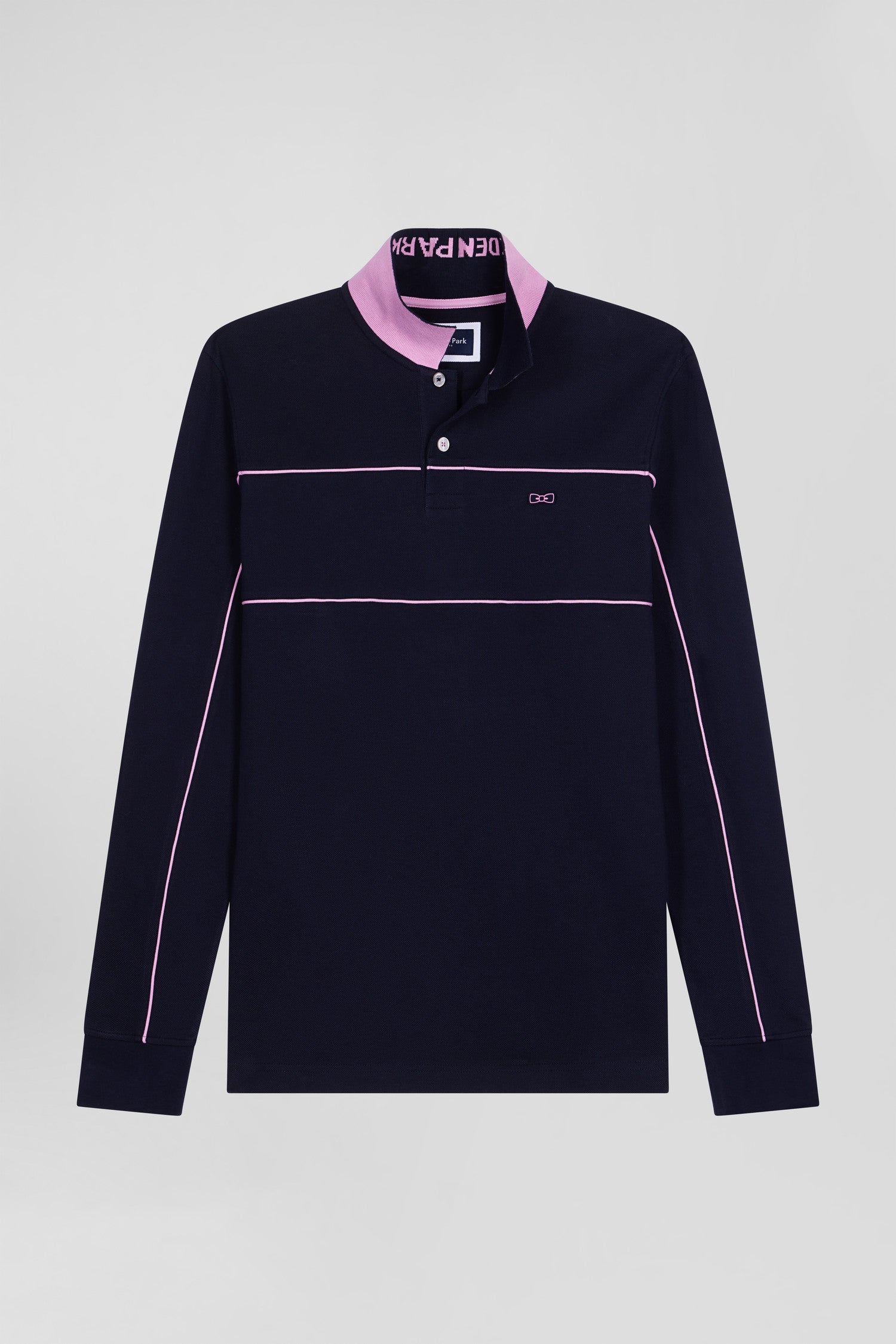 Regular navy blue long-sleeved cotton piqué polo shirt with pink piping