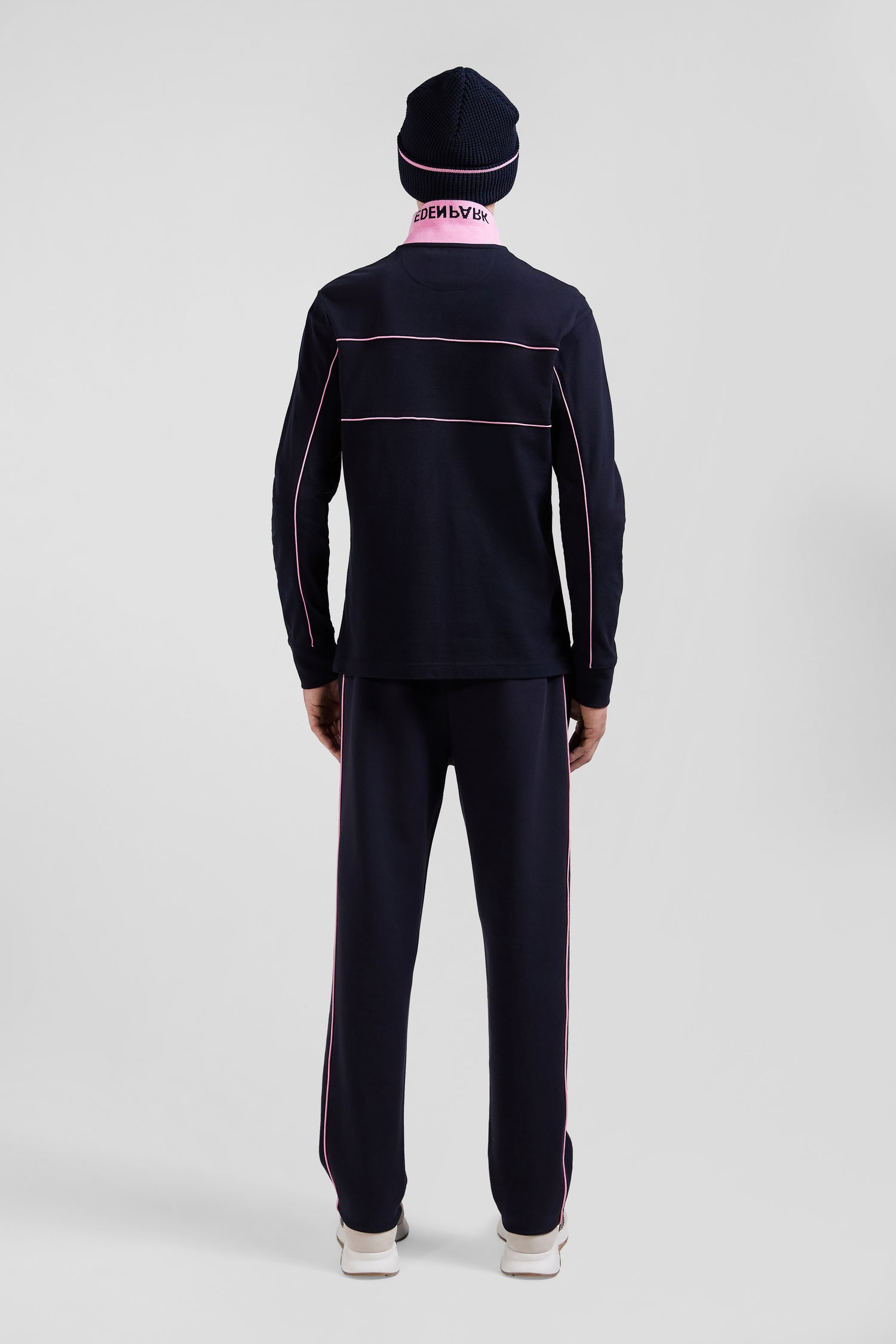 Regular navy blue long-sleeved cotton piqué polo shirt with pink piping