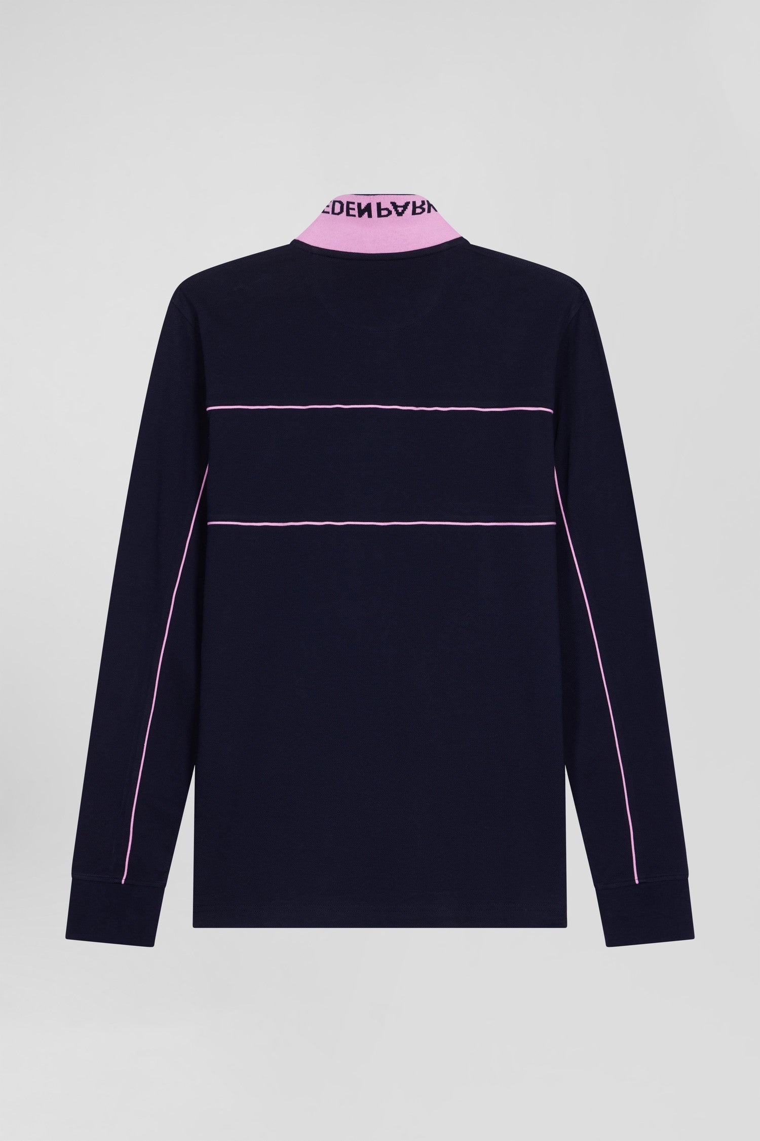 Regular navy blue long-sleeved cotton piqué polo shirt with pink piping