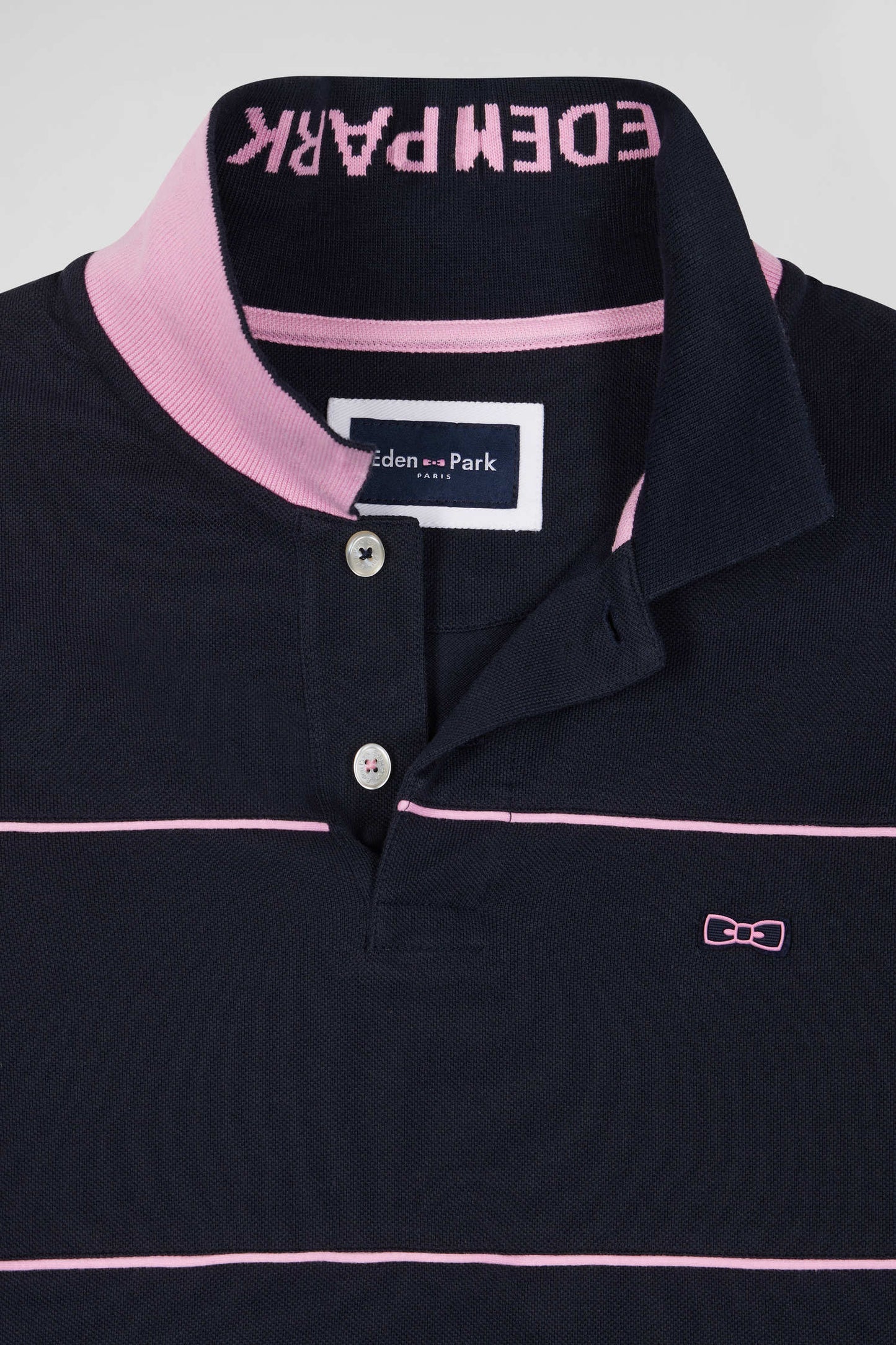 Regular navy blue long-sleeved cotton piqué polo shirt with pink piping