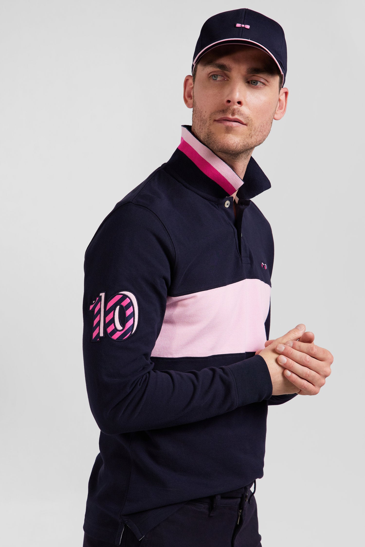 Regular pink long-sleeved cotton piqué polo shirt with sleeve embroidery