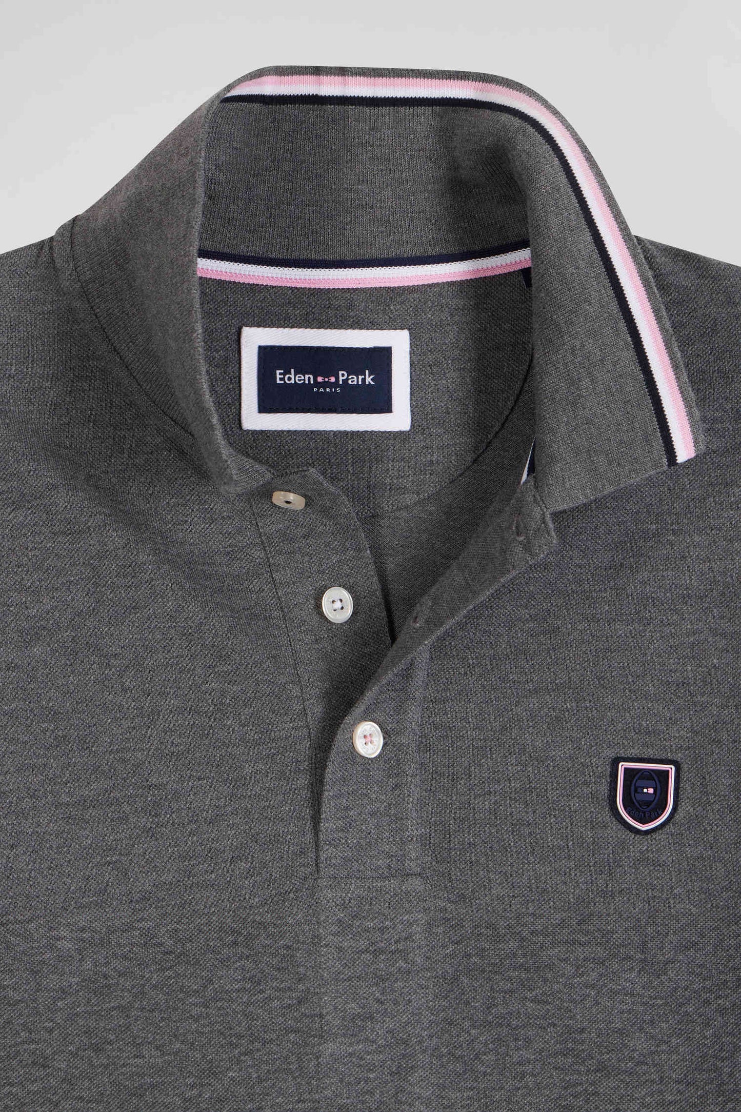 Regular grey long-sleeved cotton piqué polo shirt with jacquard collar and rubber badge