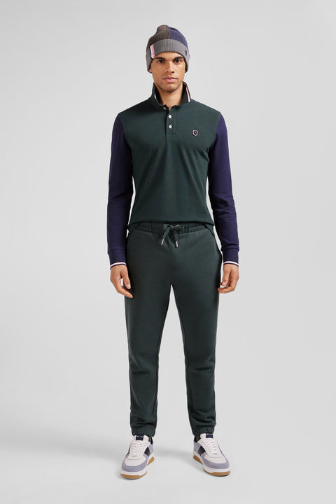 Regular green long-sleeved cotton piqué polo shirt with jacquard collar and rubber badge - Image 1