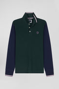 Regular green long-sleeved cotton piqué polo shirt with jacquard collar and rubber badge