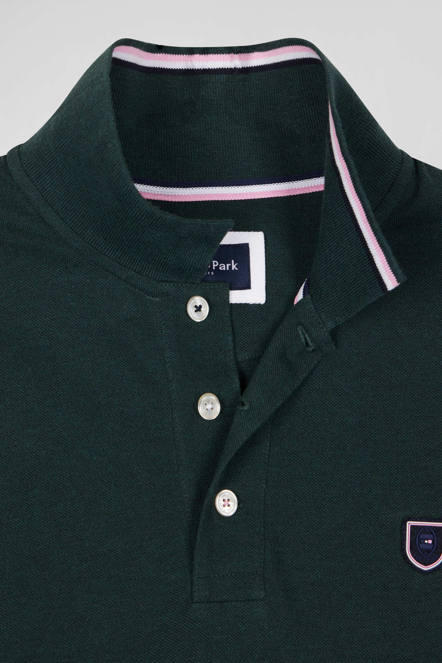 Regular green long-sleeved cotton piqué polo shirt with jacquard collar and rubber badge