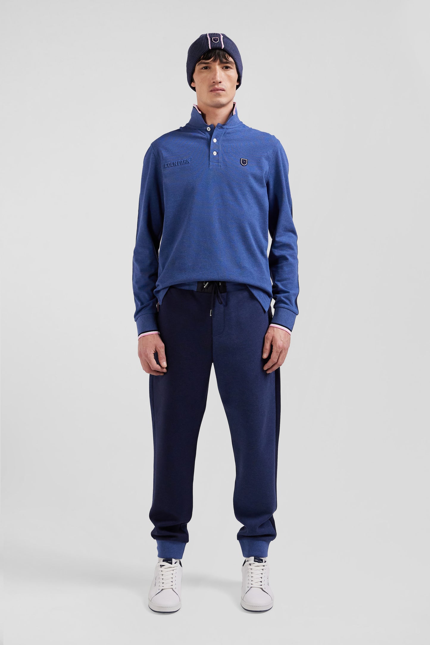 Regular dark blue long-sleeved cotton piqué polo shirt with tricolor details