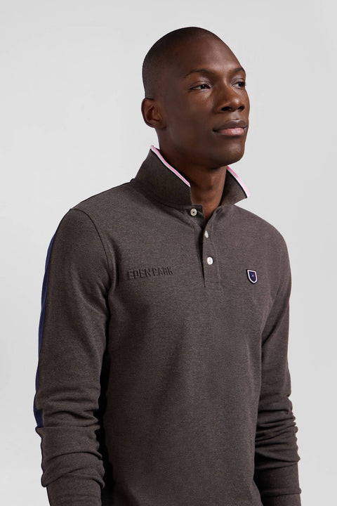 Regular brown long-sleeved cotton piqué polo shirt with tricolor details - Image 3