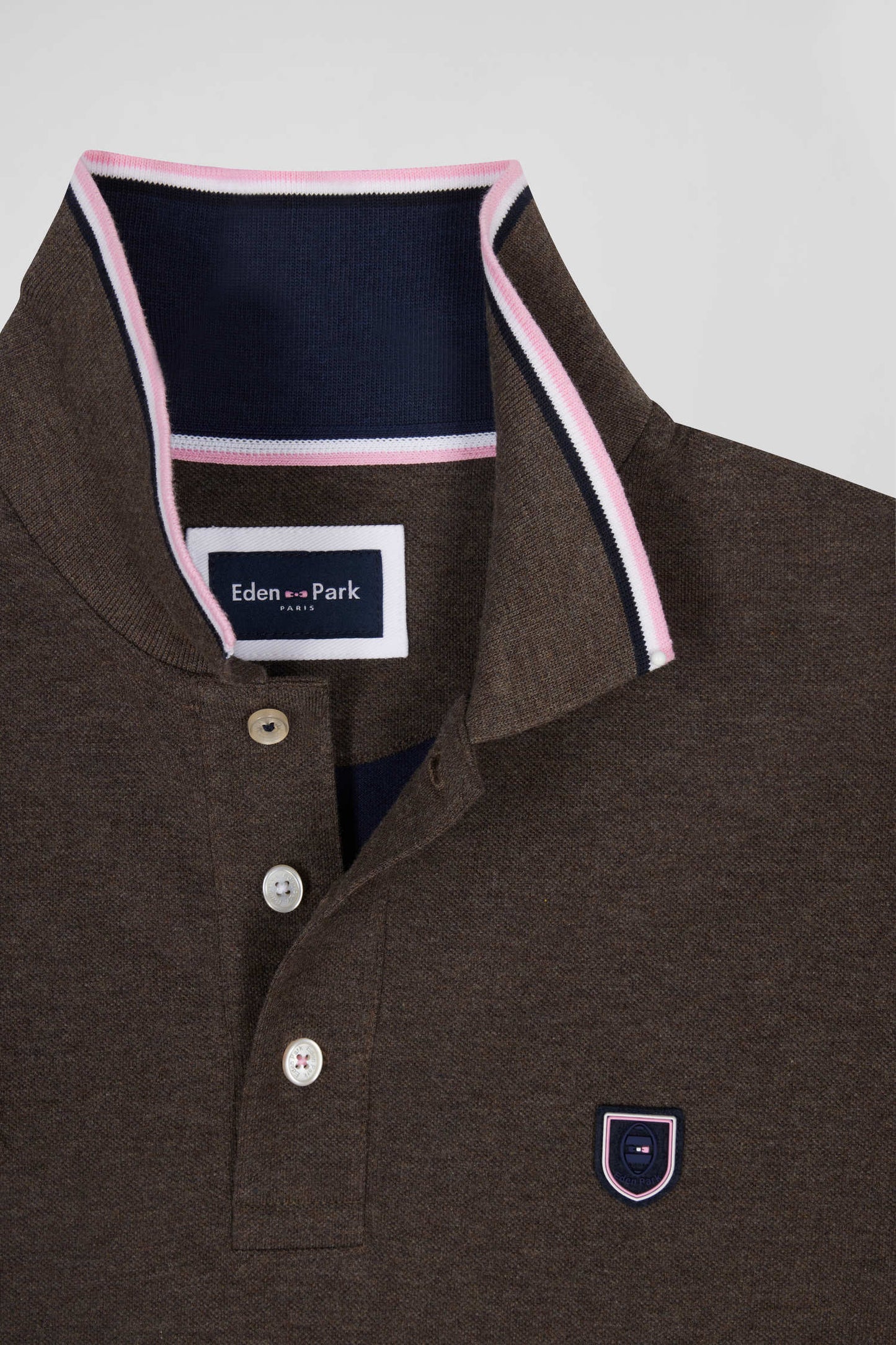 Regular brown long-sleeved cotton piqué polo shirt with tricolor details