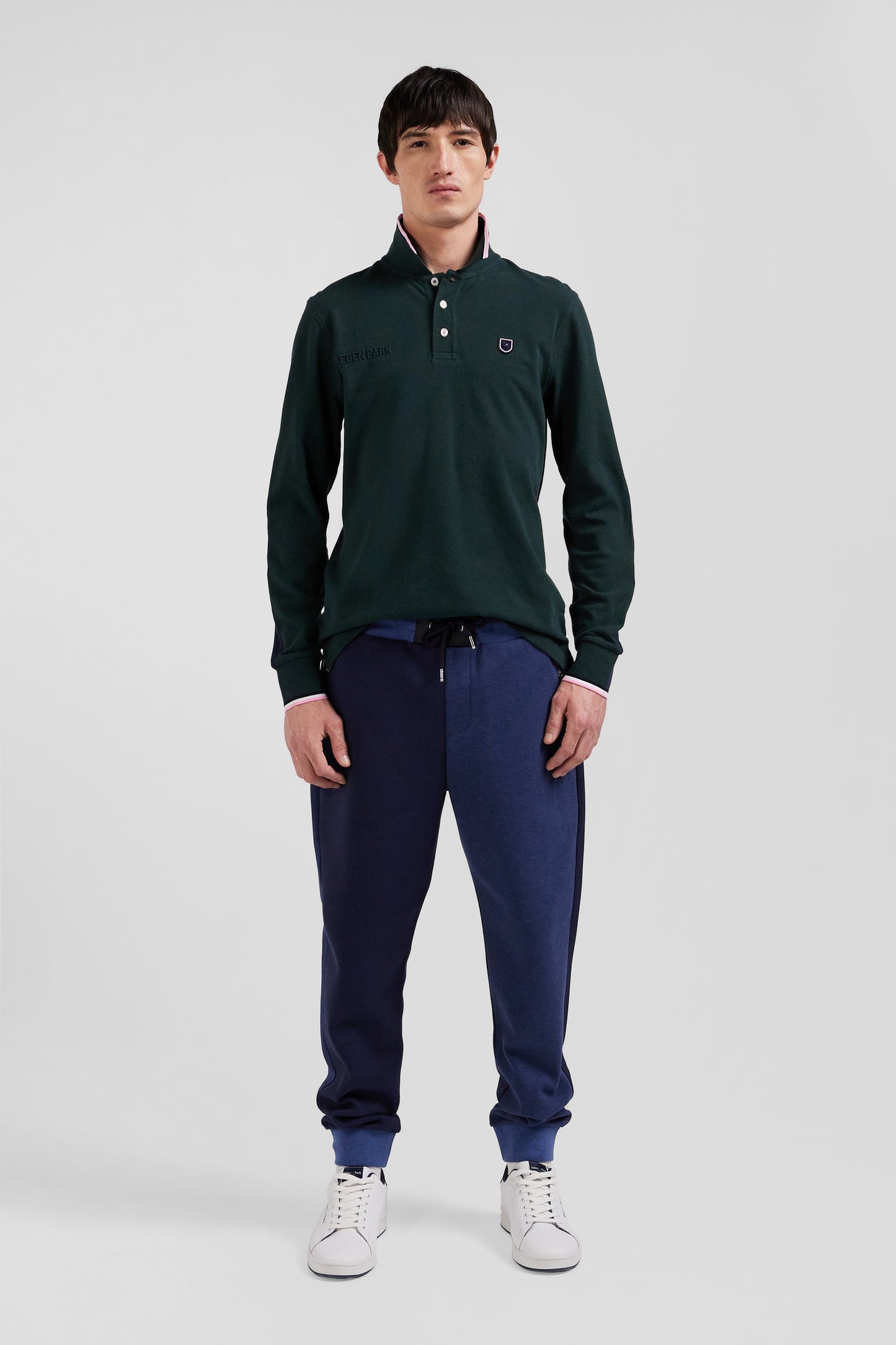 Regular green long-sleeved cotton piqué polo shirt with tricolor details