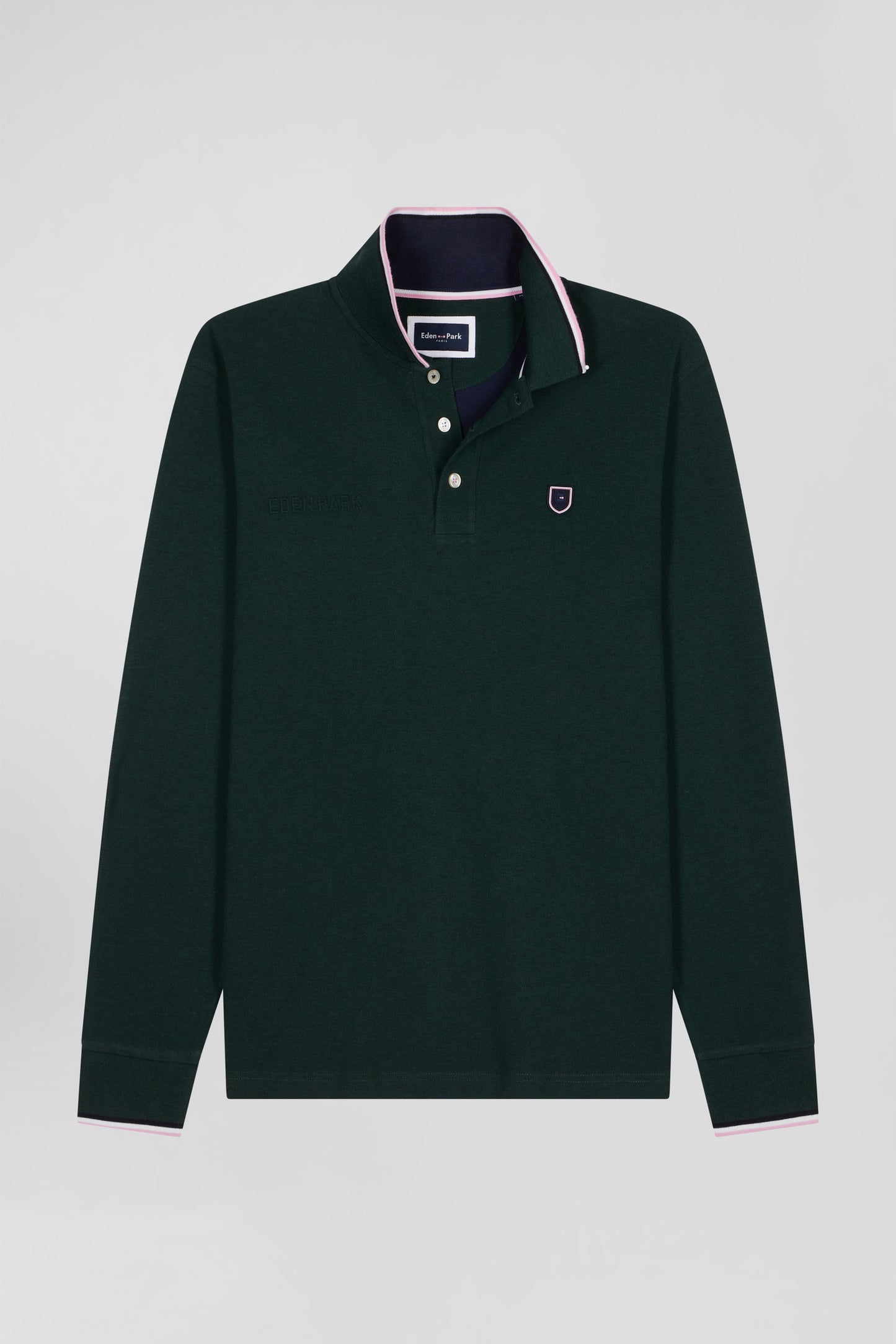 Regular green long-sleeved cotton piqué polo shirt with tricolor details