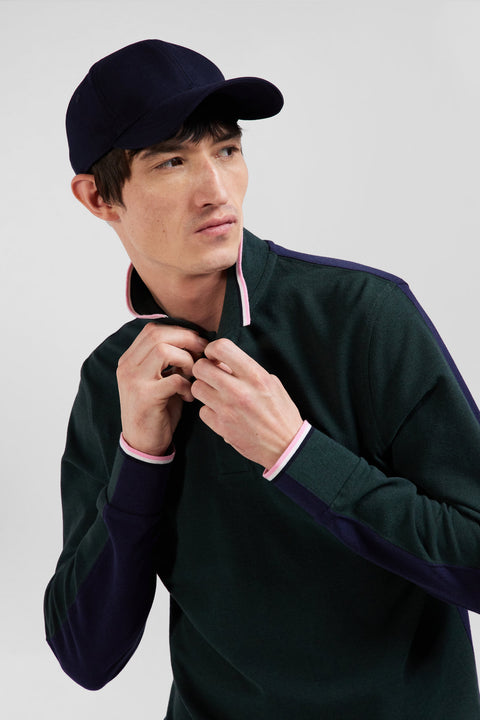Regular green long-sleeved cotton piqué polo shirt with tricolor details - Image 3