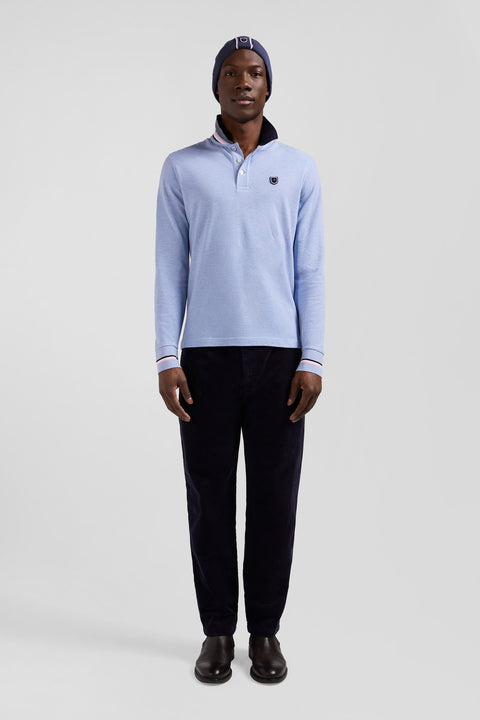 Regular sky blue long-sleeved cotton piqué polo shirt with rubber badge - Image 1