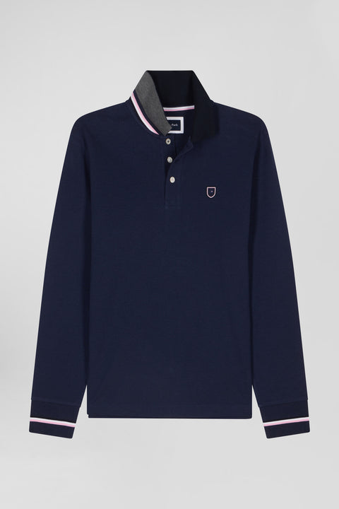 Regular navy blue long-sleeved cotton piqué polo shirt with rubber badge - Image 2