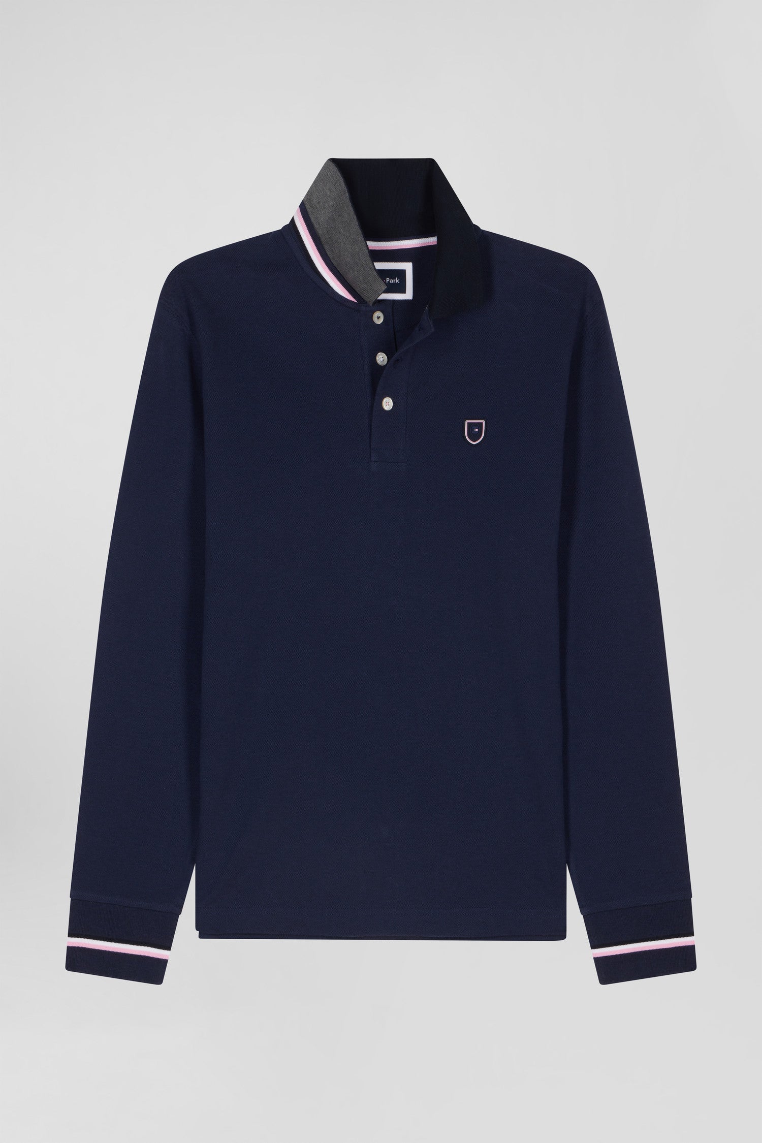 Regular navy blue long-sleeved cotton piqué polo shirt with rubber badge