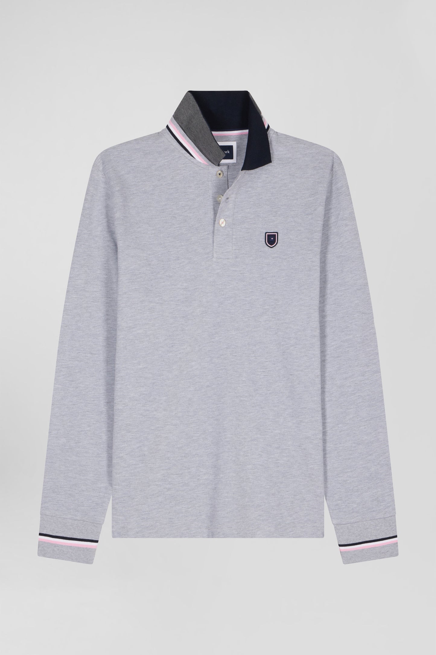 Regular grey long-sleeved cotton piqué polo shirt with rubber badge