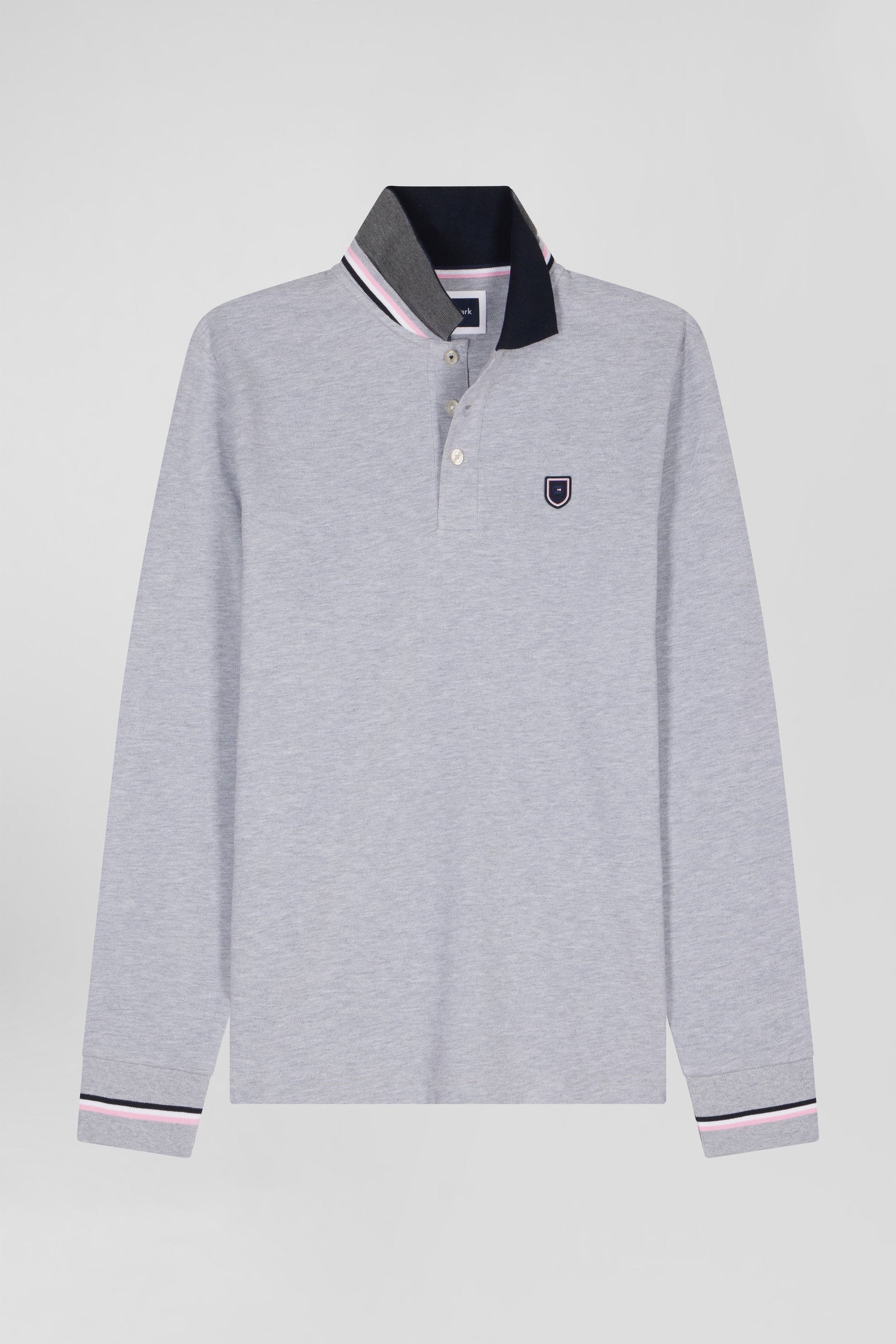 Regular grey long-sleeved cotton piqué polo shirt with rubber badge